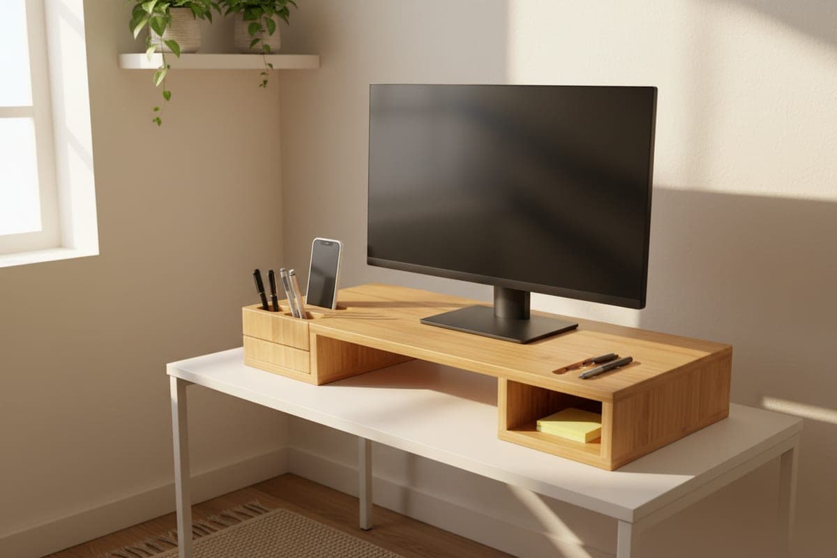 HUANUO two-tier bamboo monitor riser with phone and stationery slots raising a monitor on a compact desk in a home office