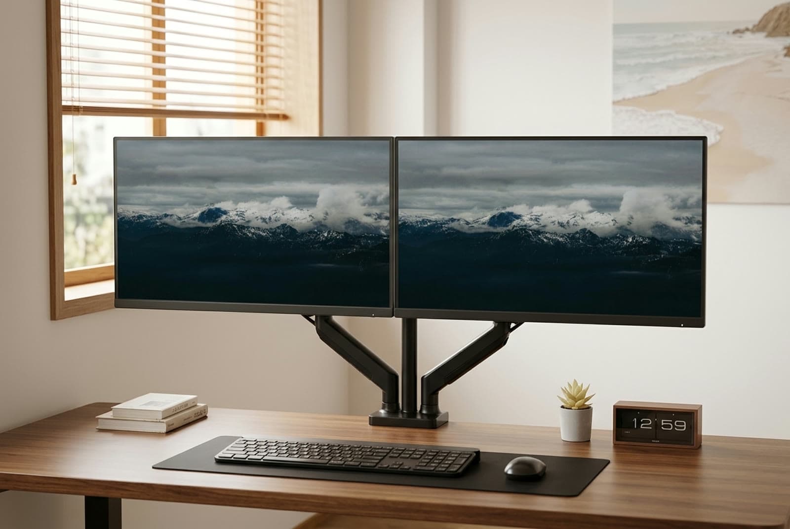 HUANUO DS18 dual gas-spring monitor arm holding two matched screens side by side above a wooden desk