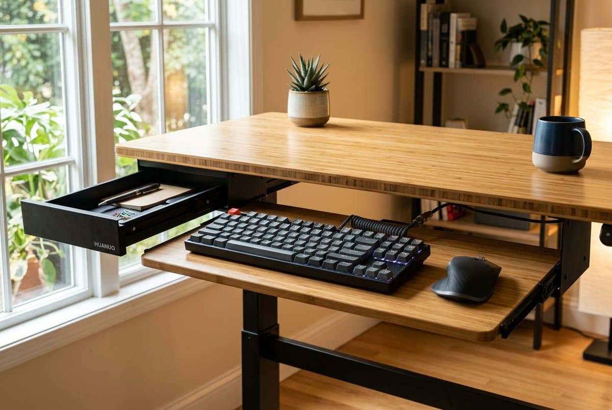 HUANUO slide-out keyboard tray with small side drawer under a bamboo standing desk, mechanical keyboard and mouse visible on the platform