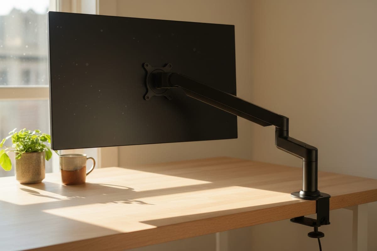 HUANUO SS6 single gas-spring monitor arm mounted to a desk edge with one monitor raised