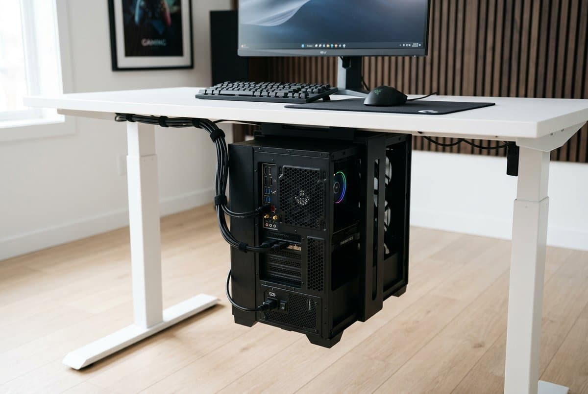 HumanCentric under-desk PC mount holding a mid-tower computer case beneath a minimalist white desk, floor completely clear in a clean home office