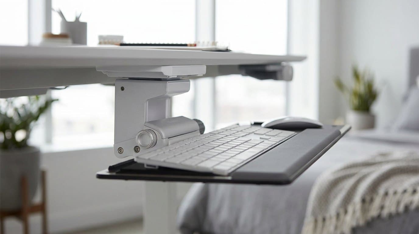 Humanscale Float keyboard platform suspended under a pale grey desktop on its silver dial-a-tilt mechanism in a bright minimal bedroom office