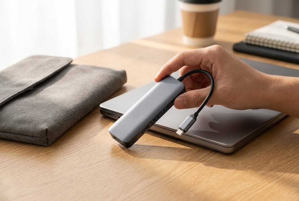 Compact HyperDrive Next 6-port USB-C hub held in a hand next to a laptop, showing its small footprint and short tethered cable