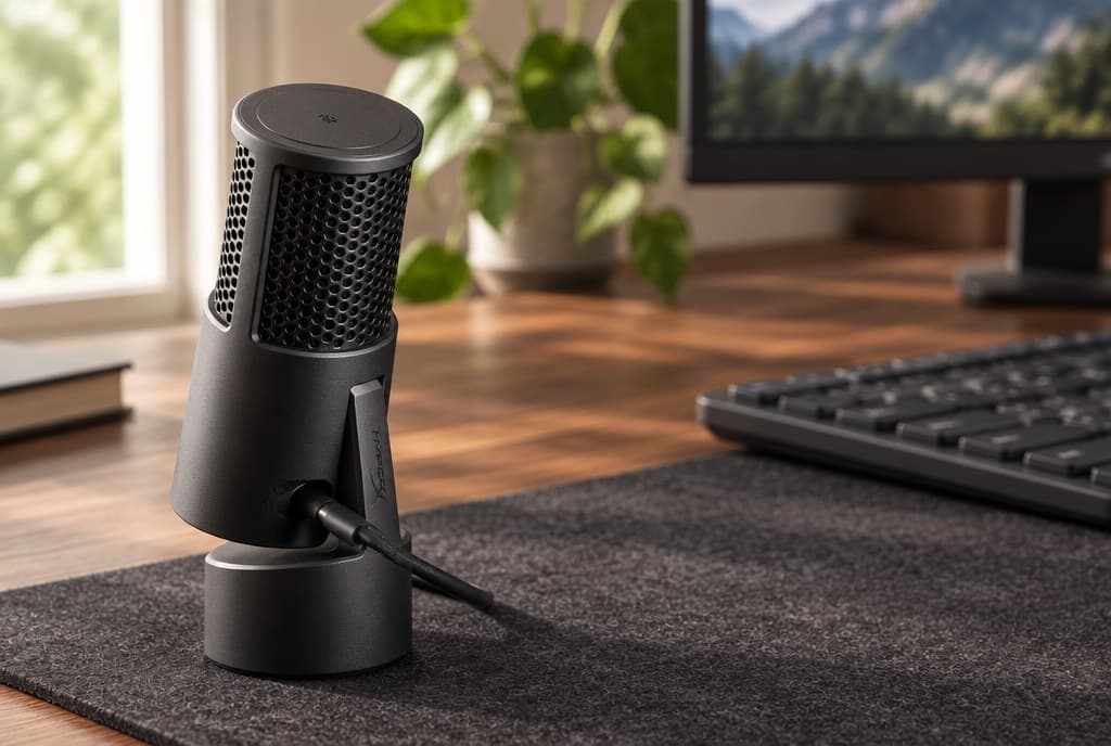 HyperX SoloCast 2 matte black USB-C condenser microphone tilted back in its cradle on a weighted round base, showing the hex-mesh grille below the solid tap-to-mute cap and the USB-C cable leaving the bottom of the body, on a felt desk mat in a home office