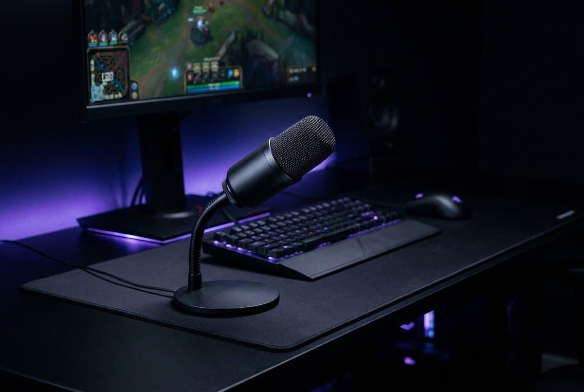 HyperX SoloCast compact black cardioid USB microphone on a flexible swivel stand at a minimal gaming desk setup