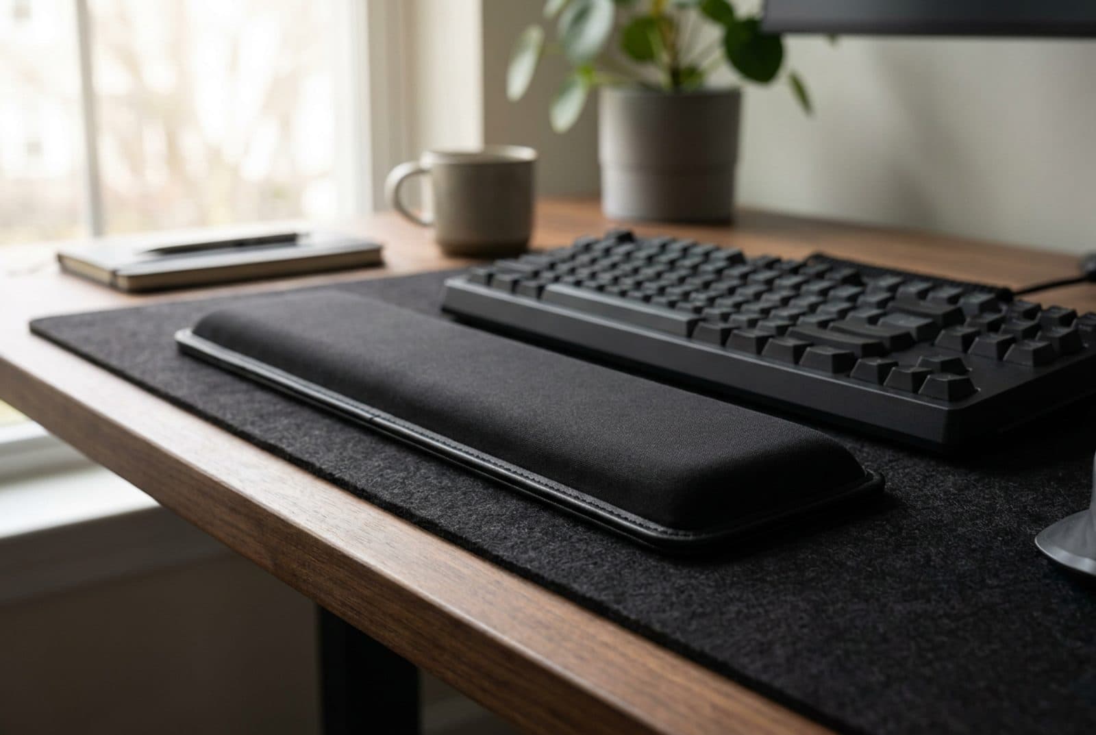 HyperX Wrist Rest, a black cushioned keyboard wrist rest with stitched edges, sitting in front of a mechanical keyboard on a modern desk