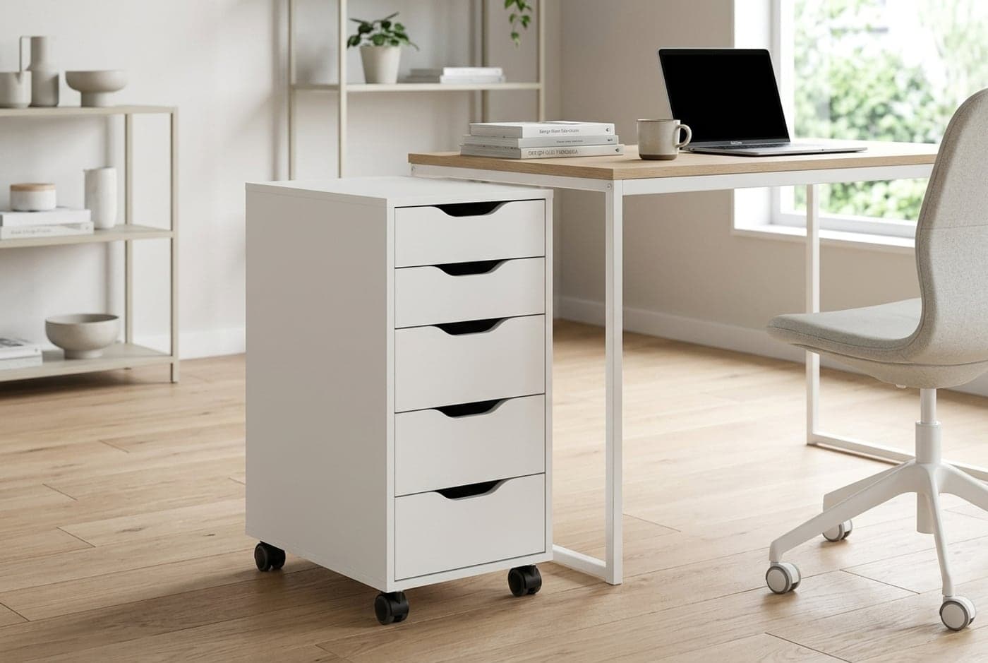 White IKEA ALEX five-drawer laminate unit on casters standing beside a desk in a bright home office