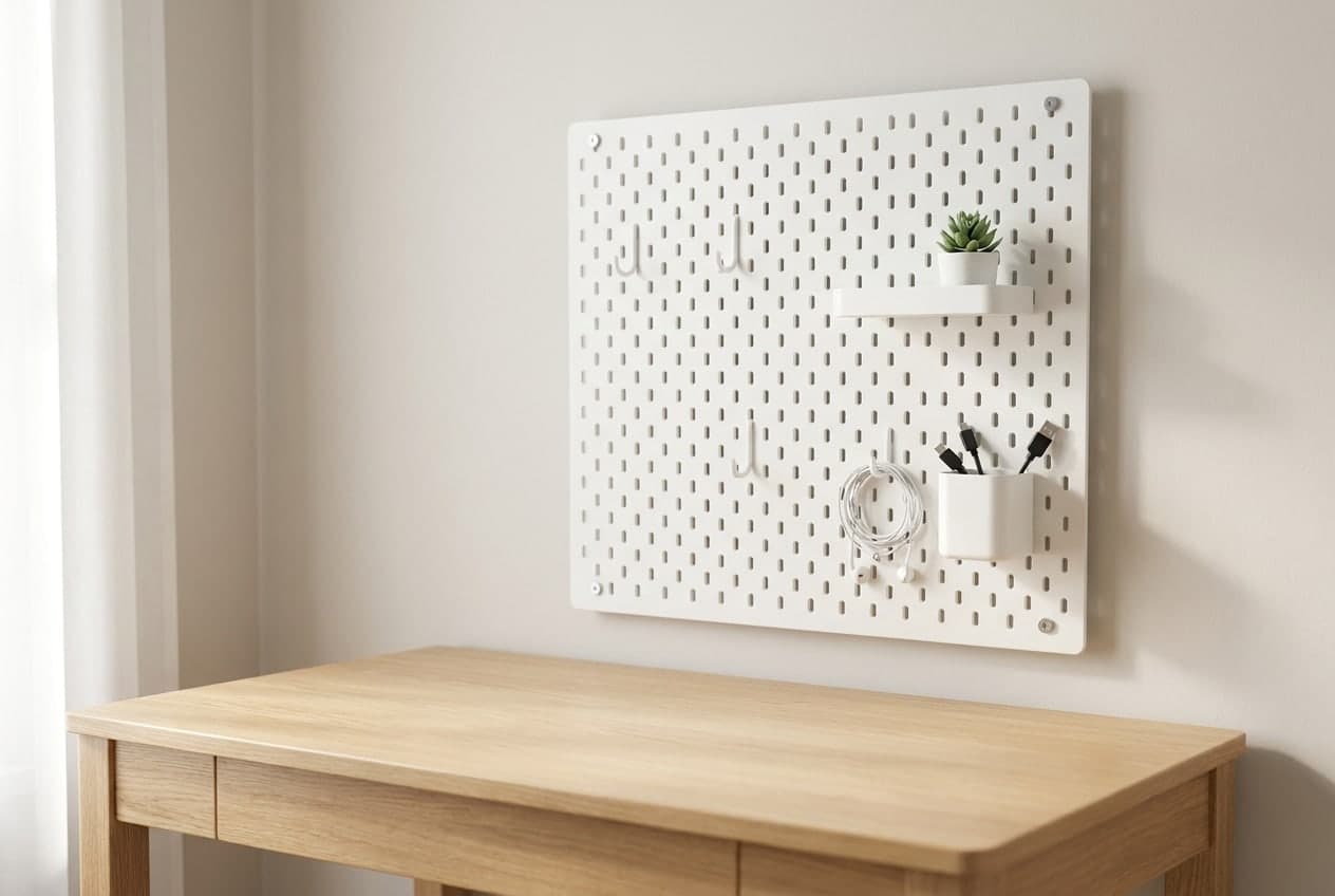 White IKEA SKÅDIS pegboard mounted above a wood desk holding hooks, small shelves, and a cable cup in a bright home office