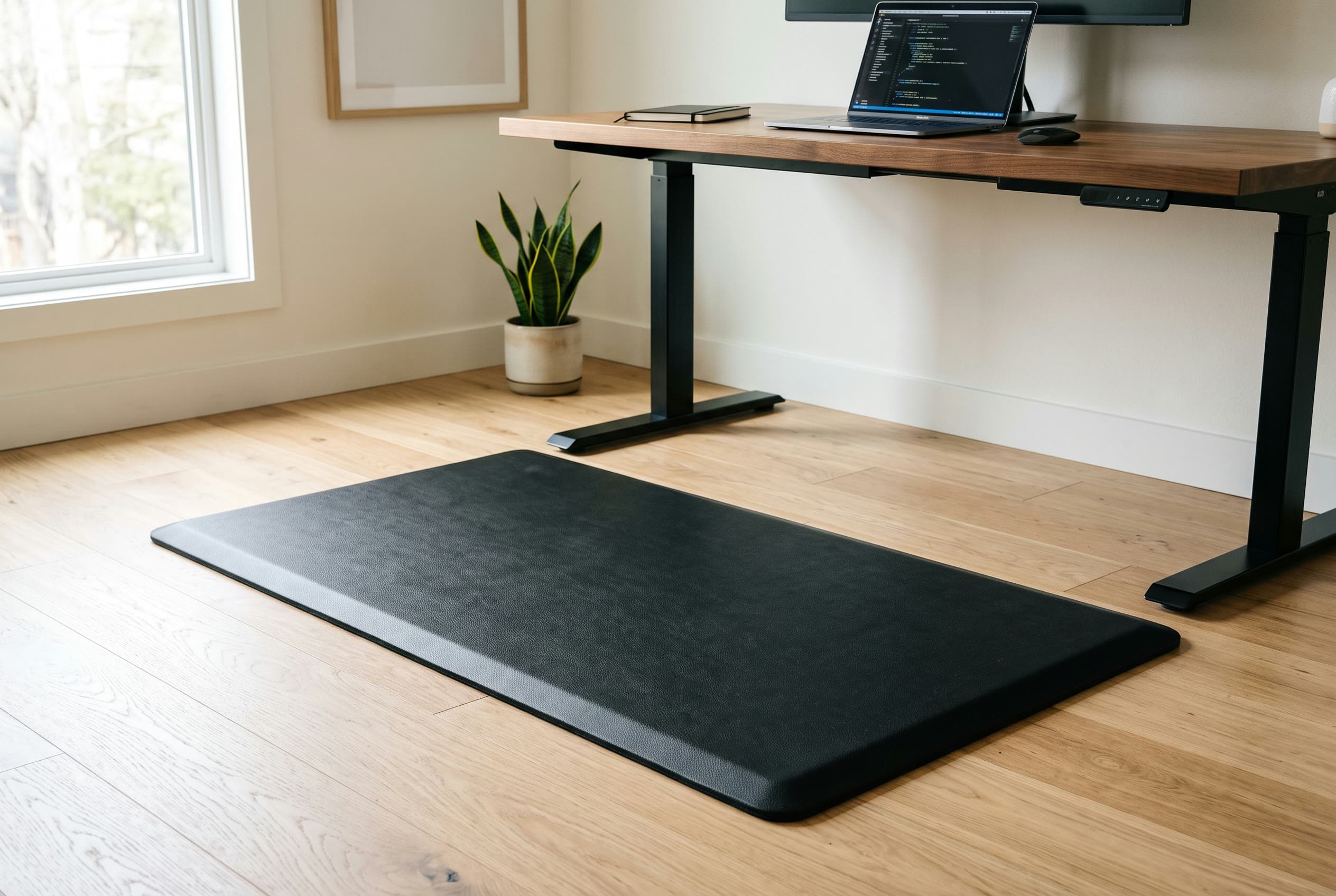 Imprint CumulusPRO commercial anti-fatigue mat, a thick one-piece black mat with contoured beveled edges, on the floor beneath a standing desk in a home office