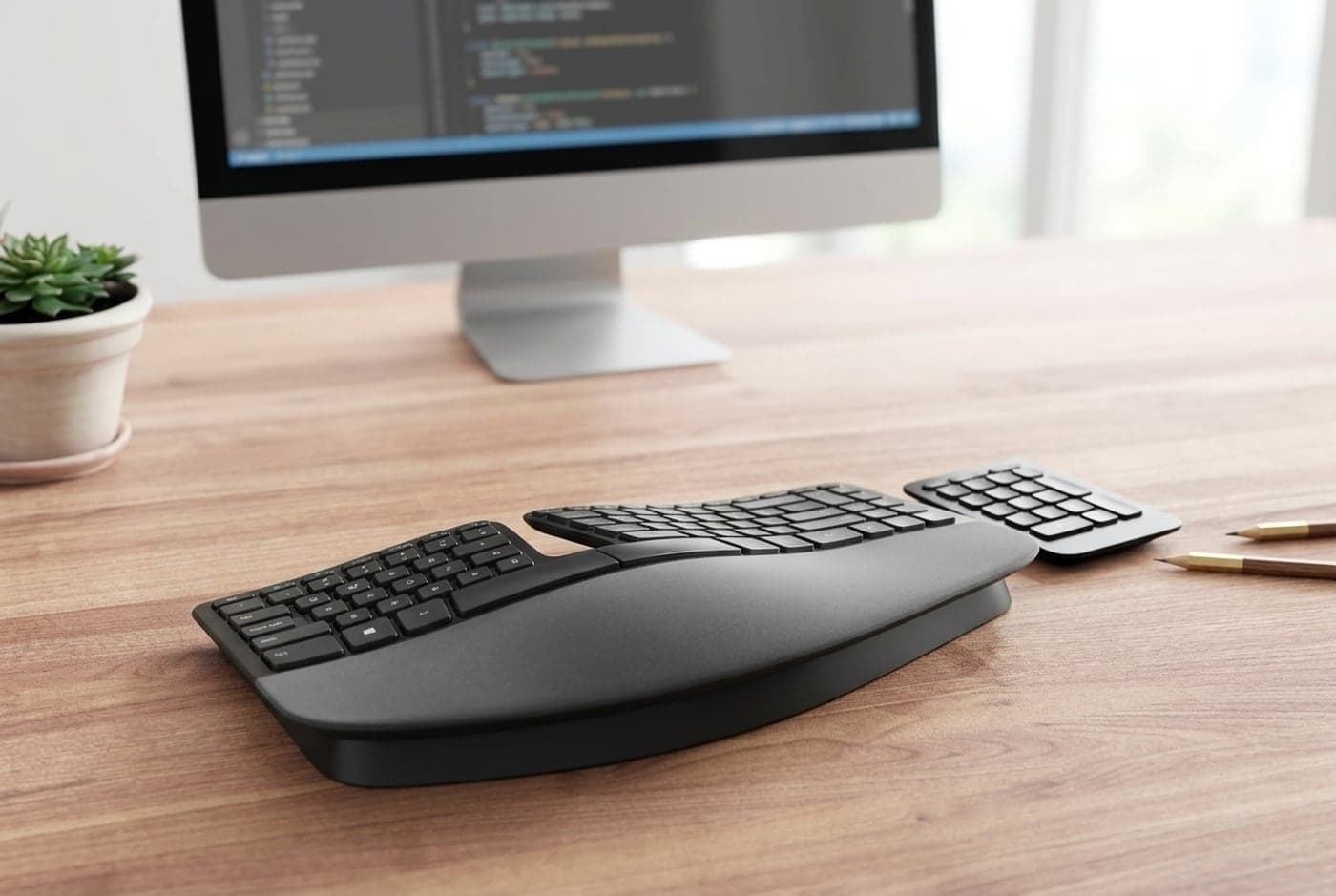 Domed split ergonomic keyboard in black with a rounded key layout and separate numeric keypad on a home-office desk