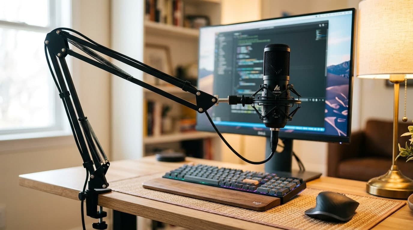 InnoGear heavy duty black spring microphone boom arm clamped to a desk holding a compact USB condenser mic in a home office