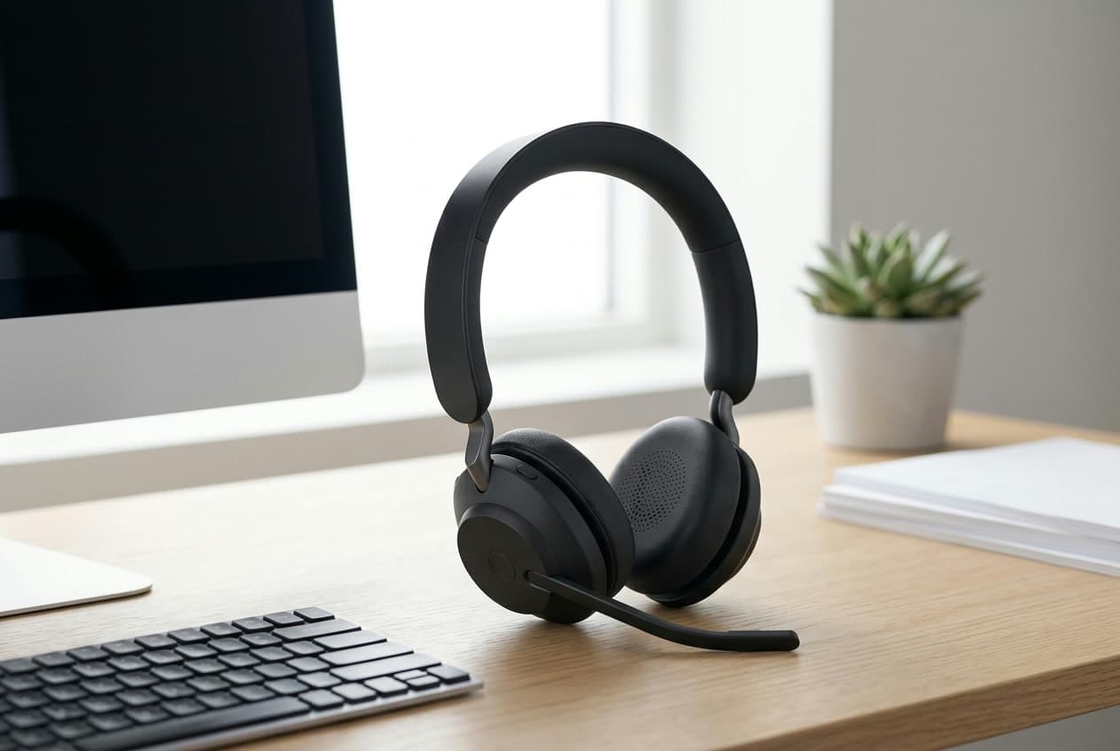 Jabra Evolve2 65 black on-ear wireless office headset with its boom microphone arm down, resting on a home-office desk