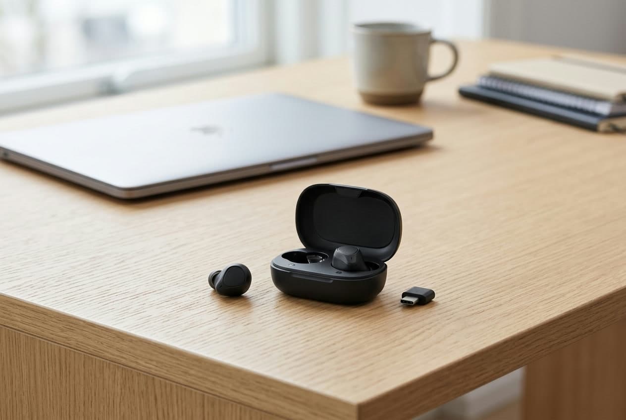 Jabra Evolve2 Buds wireless earbuds beside their compact open charging case on a tidy home-office desk
