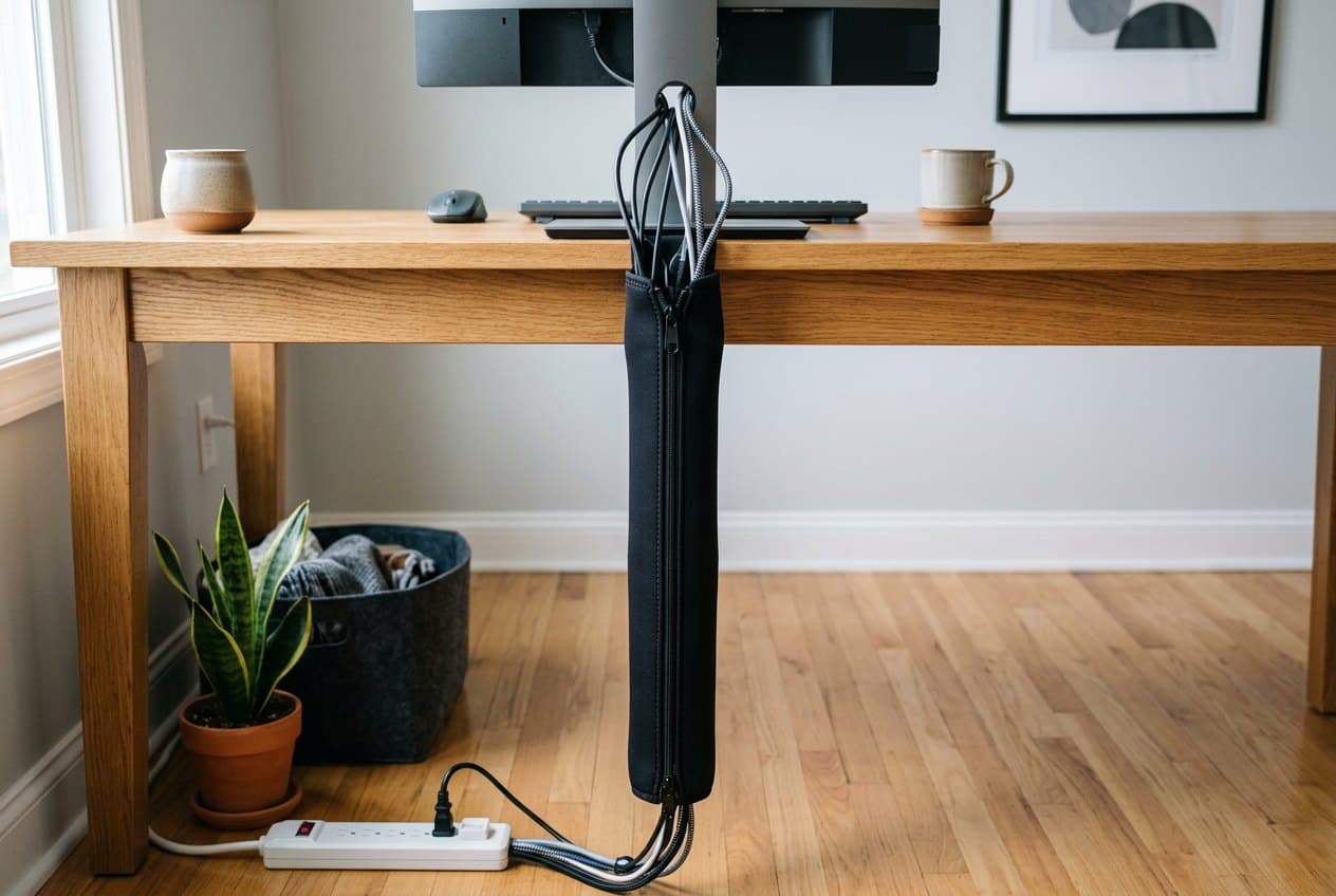 Black JOTO neoprene cable management sleeve wrapping several cords into one tidy bundle running down from a desk