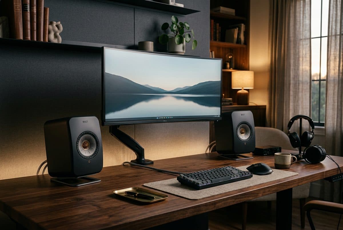 Kanto Ora reference desktop speakers on a wide dark-wood desk in a high-end home office with an ultrawide monitor and clean cable routing