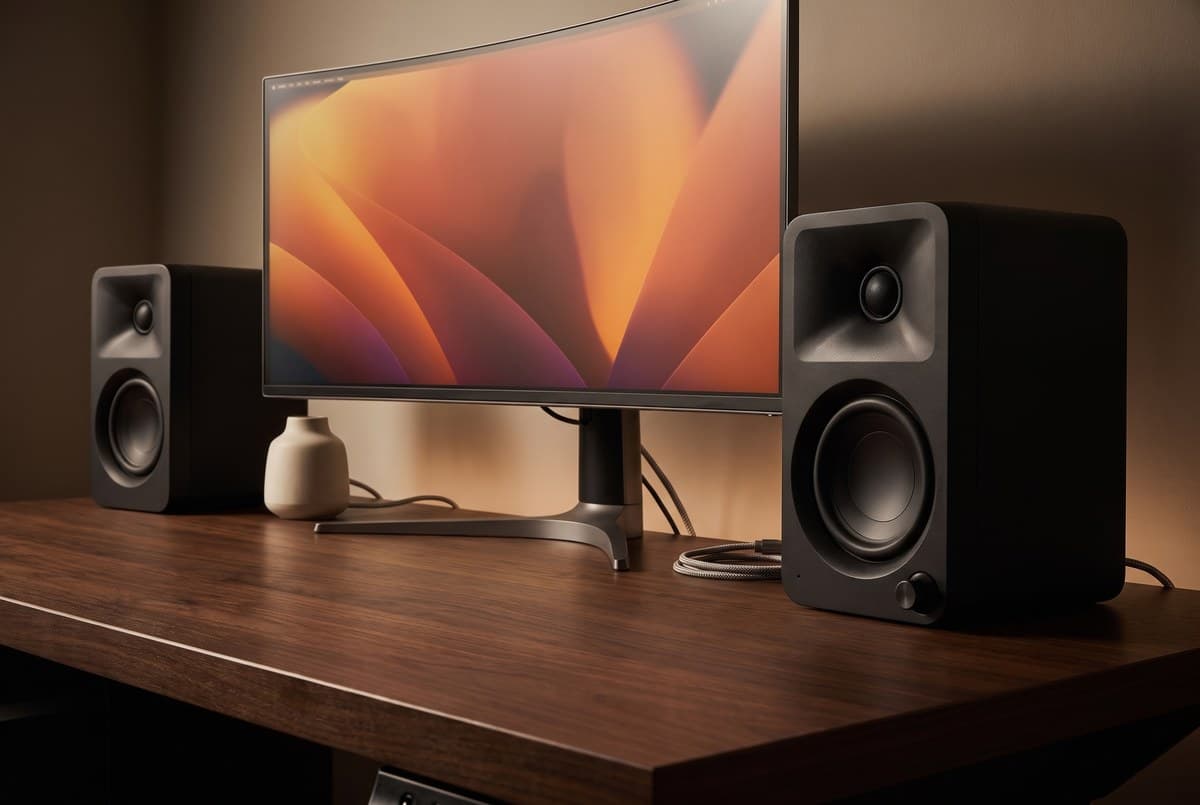 Kanto ORA reference desktop speakers on a wide dark-wood desk in a high-end home office with an ultrawide monitor and clean cable routing