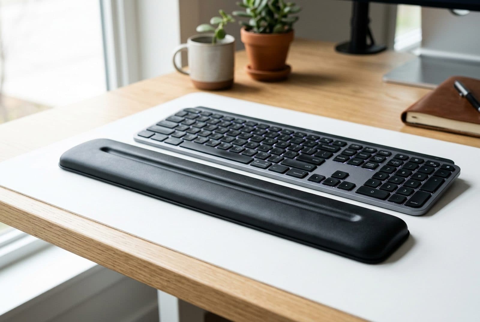Kensington Duo Gel keyboard wrist rest, a long low-profile gel wrist rest with a smooth cover and a ventilation channel, in front of an office keyboard