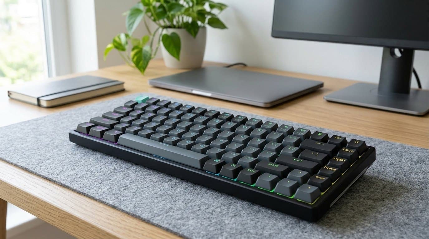 Keychron K2 HE 75 percent wireless keyboard in a black aluminium frame with RGB backlighting, its right-hand nav column visible, on a felt mat beside a closed laptop