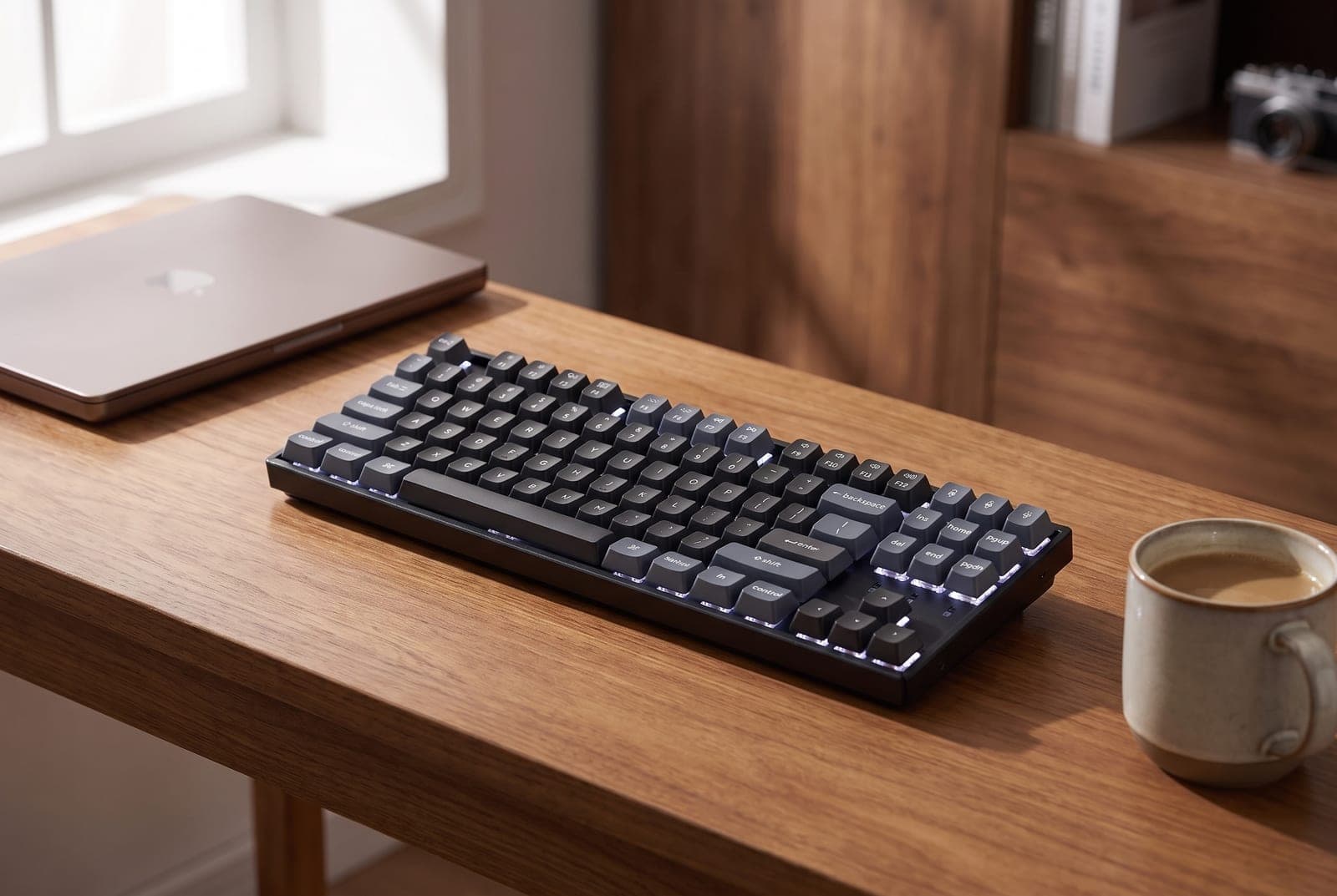 Keychron K8 Pro tenkeyless mechanical keyboard with dark PBT keycaps and white backlighting on a wooden desk beside a laptop