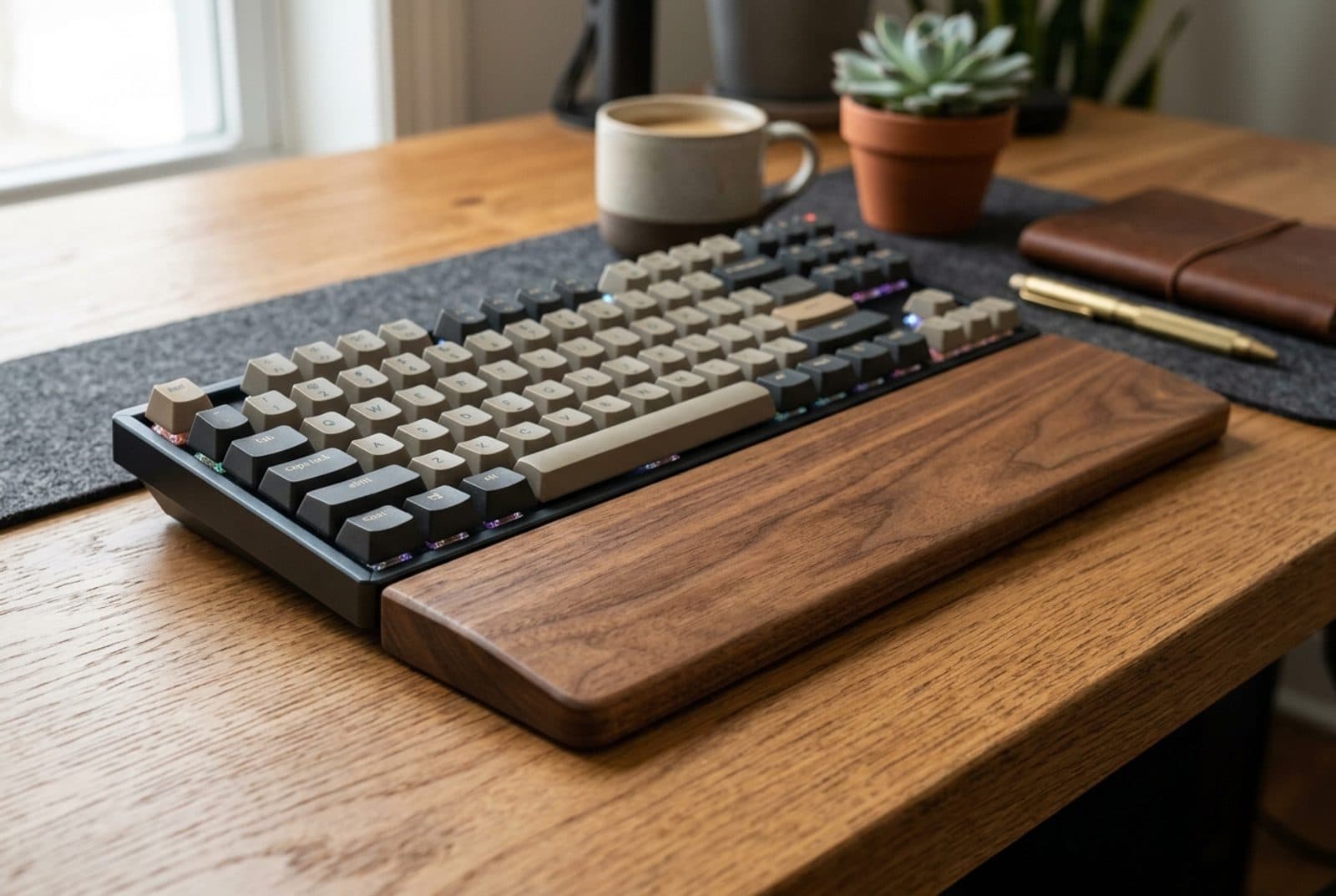 Keychron walnut wood palm rest, a solid wood bar with a subtle bevel, placed in front of a mechanical keyboard on a desk