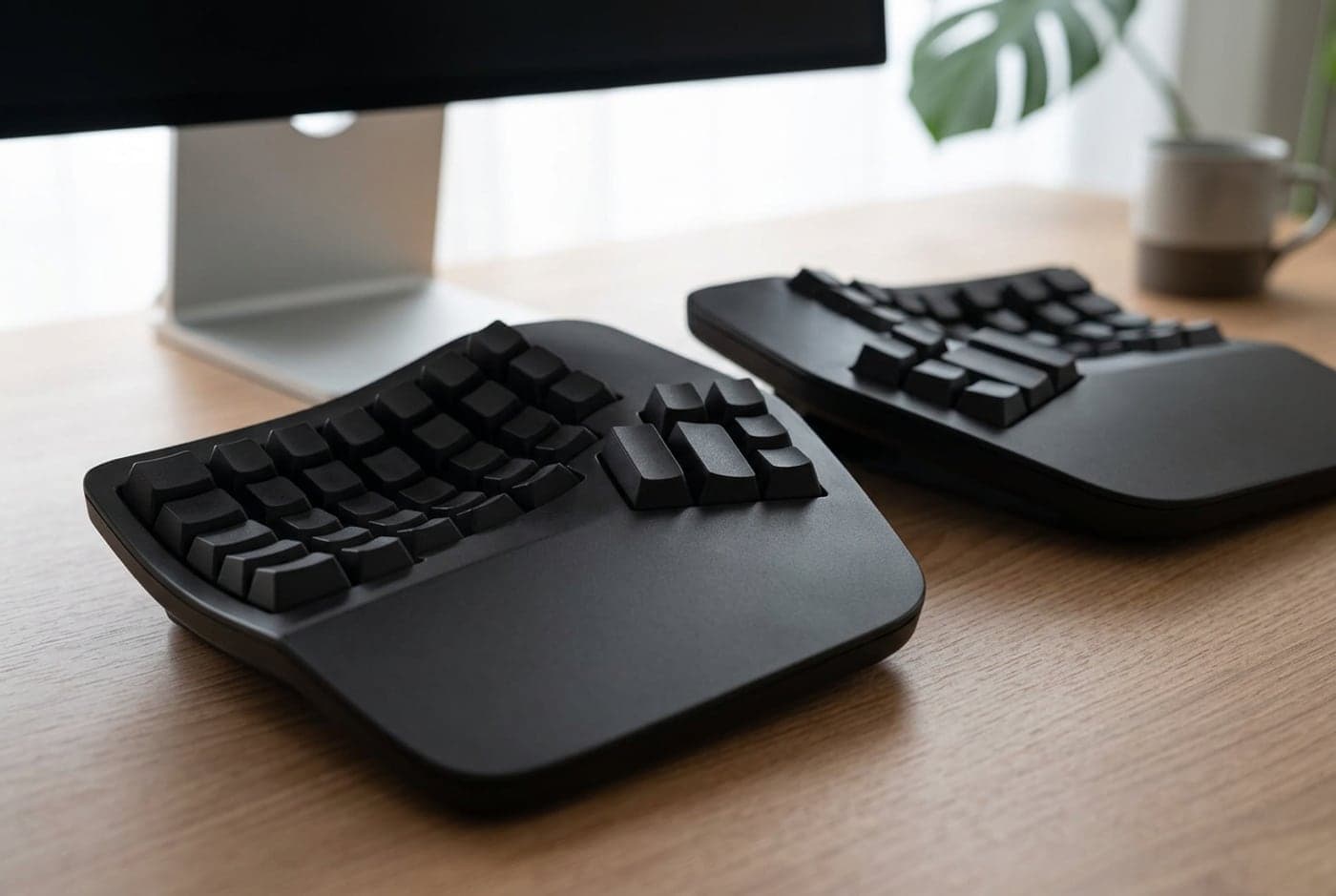 Kinesis Advantage360 Professional contoured split keyboard with two concave scooped key wells and thumb clusters in black, on a professional desk