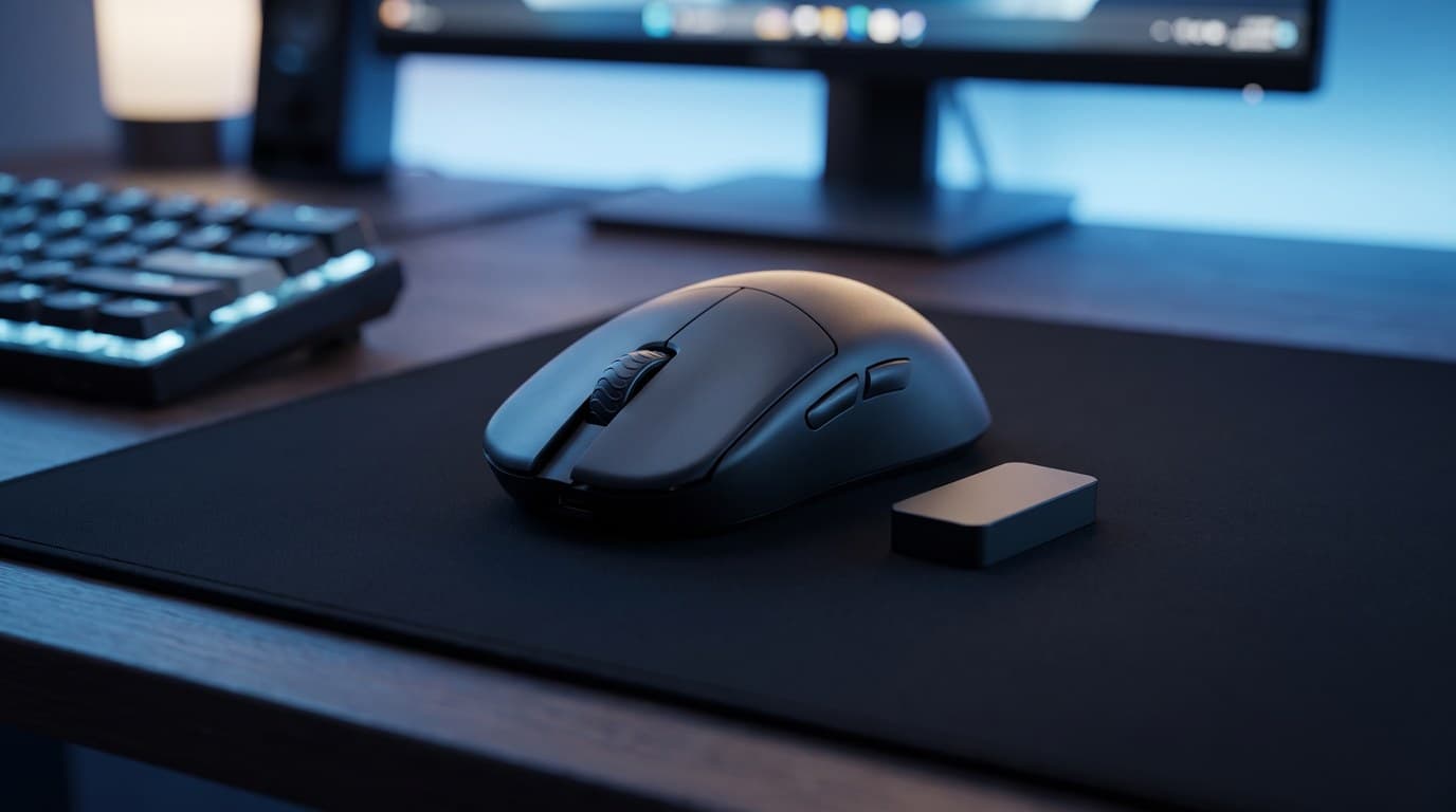 Lamzu Maya X ultralight symmetrical wireless gaming mouse in charcoal black on a black cloth desk mat, its flat rectangular 8K receiver beside it, backlit keyboard and glowing monitor behind