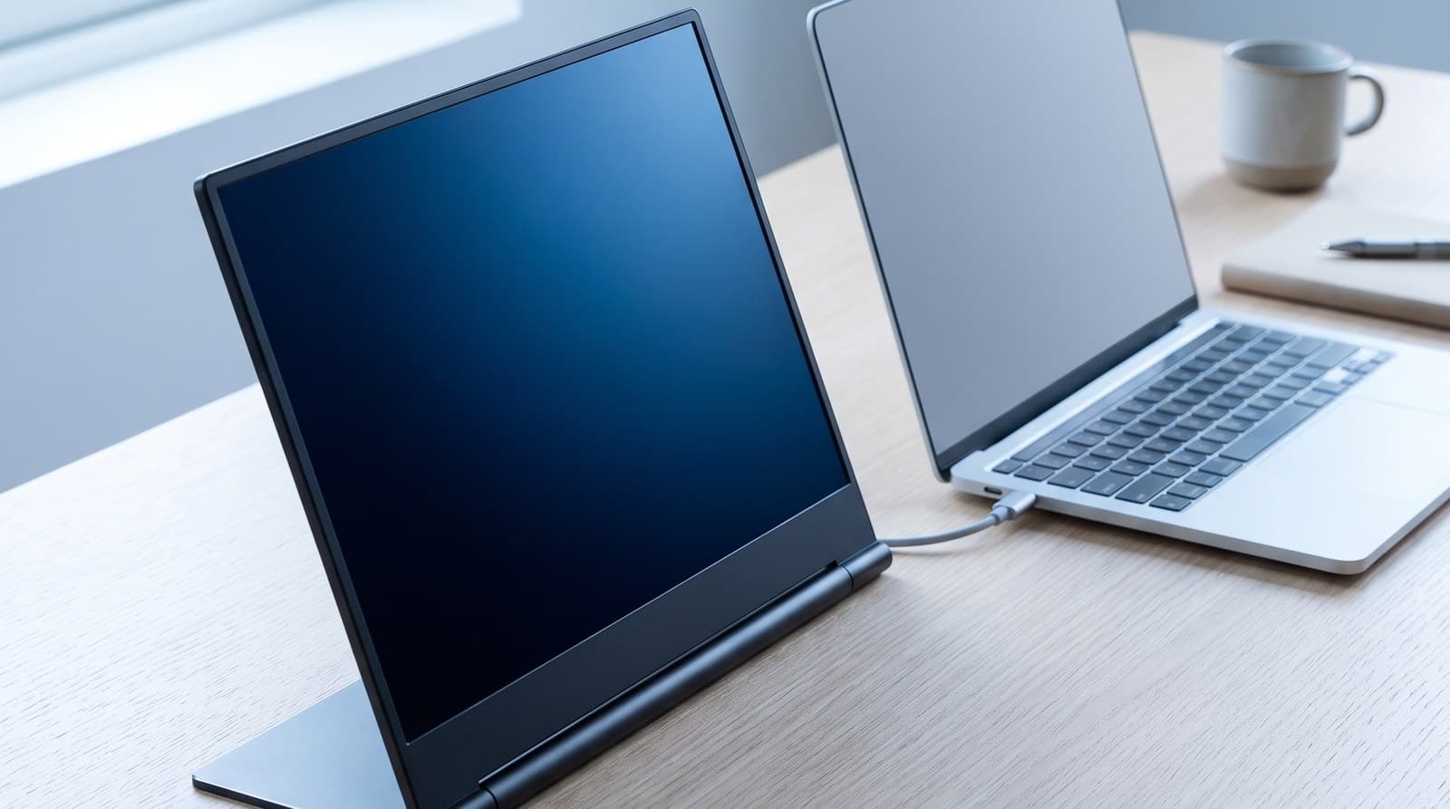 Very thin black 14-inch portable monitor on a low hinged stand beside a laptop on a small desk