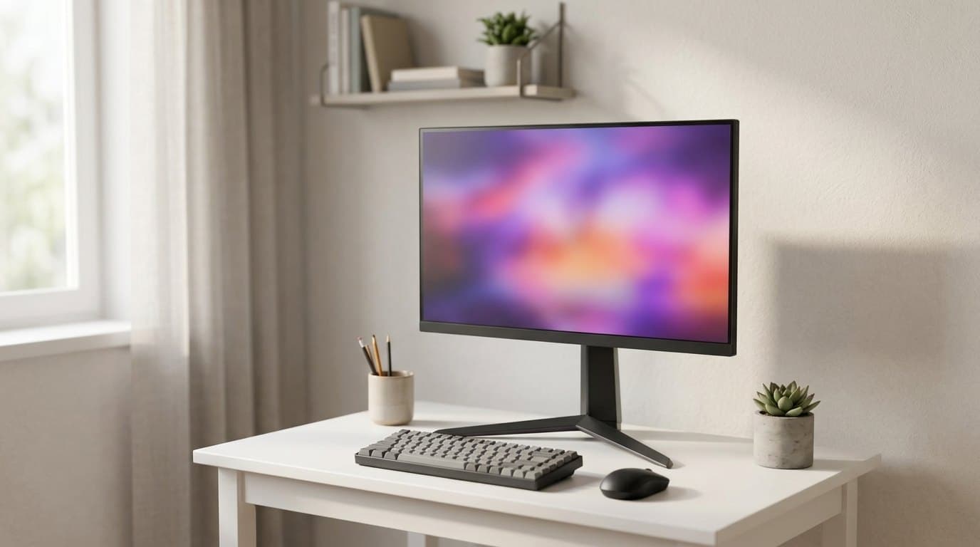 A compact 24-inch flat black gaming monitor on a slim column and three-pronged V-shaped black base, on a small white desk with a compact keyboard, a mouse, a pencil cup and a succulent in a bright tidy bedroom