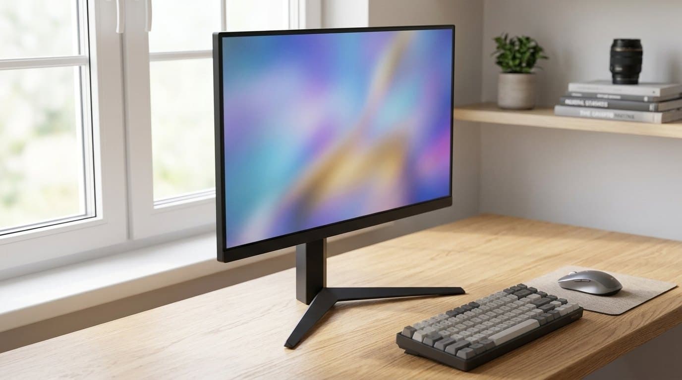 A 27-inch flat black gaming monitor with thin bezels on a narrow flat column and a wide three-pronged V-shaped black base, on a light oak desk beside a compact grey keyboard and mouse in a bright window-lit room