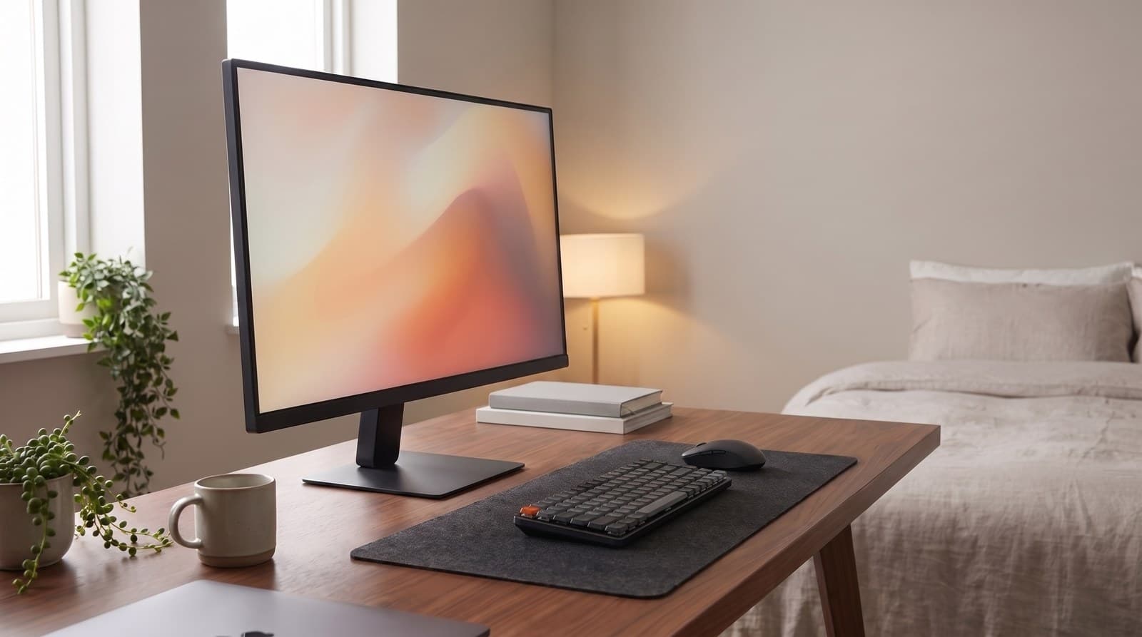 Slim black 27-inch monitor with very thin bezels on a small flat-footed stand, sitting on a compact desk in a bedroom home office
