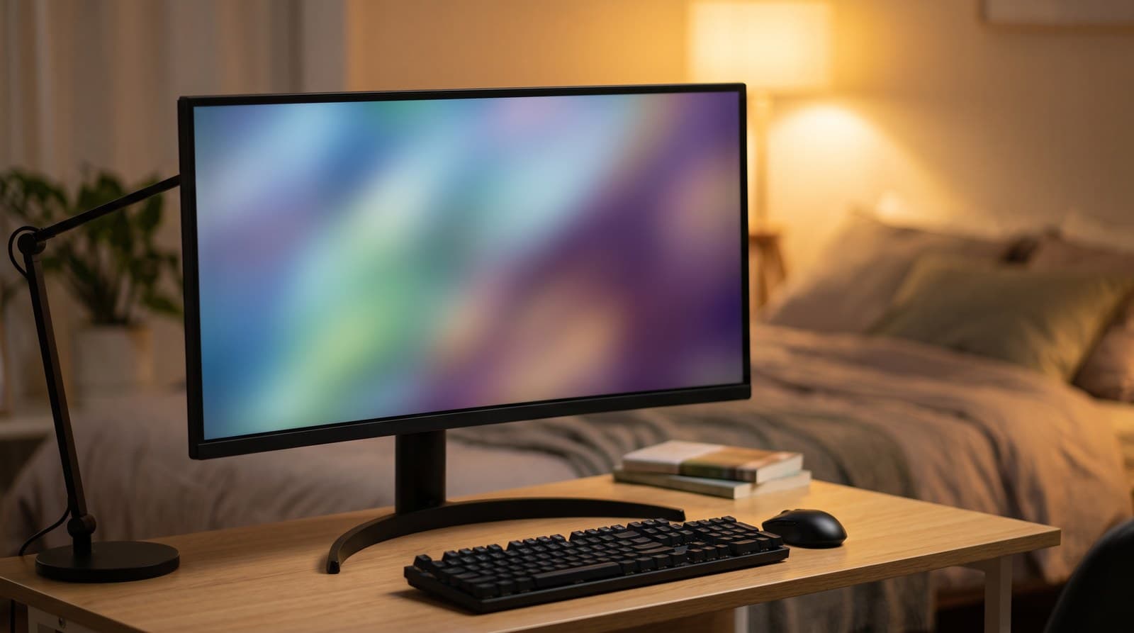 Matte black 34-inch ultrawide monitor with a very gentle curve on a black crescent-shaped arc stand, on a compact desk in a bedroom home office