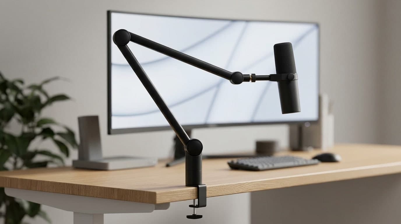 Logitech Blue Compass tube-style black microphone boom arm with hidden cables holding a mic on a minimalist desk
