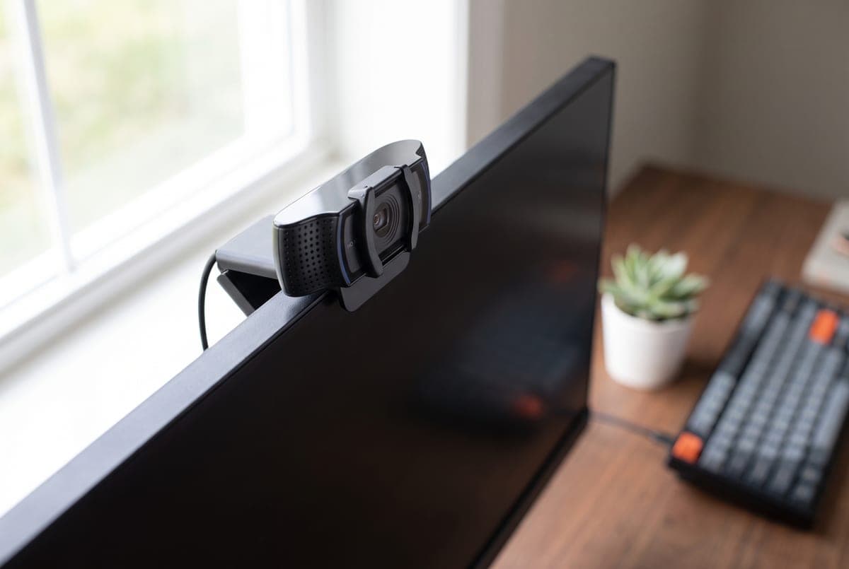 Logitech C920s HD Pro webcam clipped to the top edge of a monitor on a home-office desk, with its sliding privacy shutter visible