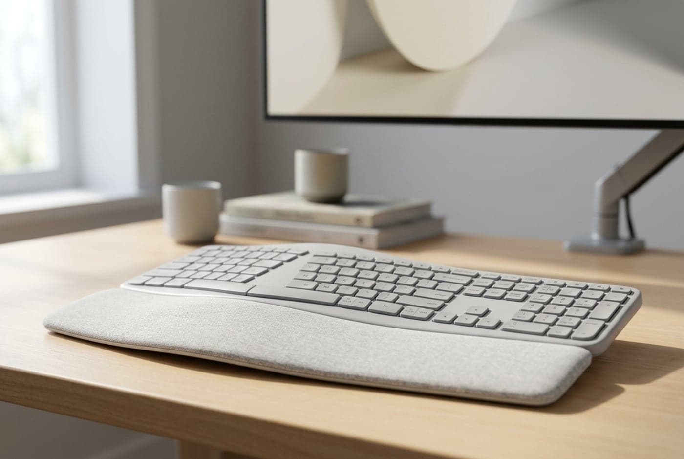 Logitech Ergo K860 one-piece curved ergonomic keyboard in white and grey with its integrated pillowed palm rest, on a clean home-office desk