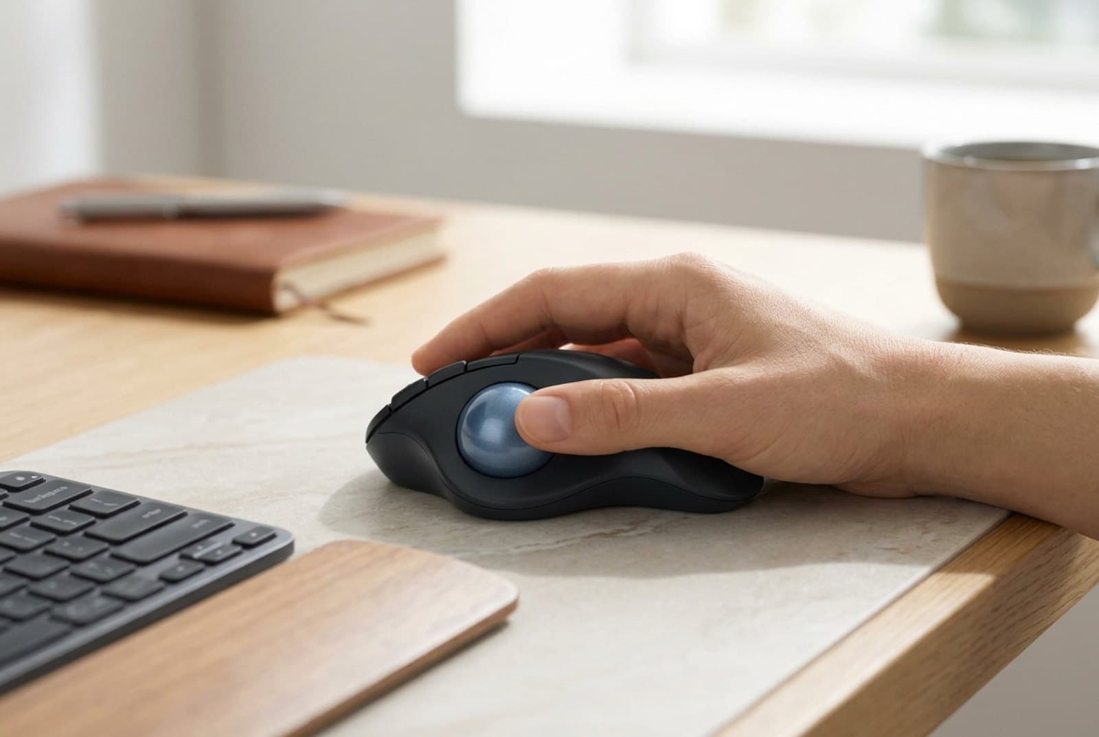 Logitech ERGO M575S wireless trackball in black with a blue ball on a tidy desk, thumb positioned to roll the ball while the hand stays still