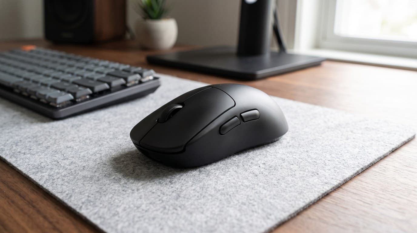 Logitech G Pro X Superlight 2 DEX right-handed ergonomic gaming mouse in matte black on a light grey felt desk mat on a walnut desk, keyboard and monitor stand behind in soft daylight