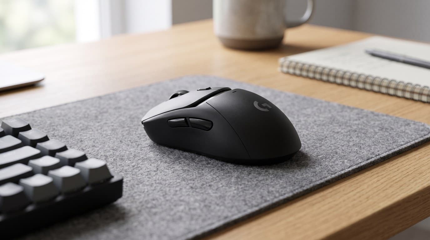 Logitech G309 Lightspeed wireless gaming mouse in matte black on a grey felt desk mat on a light oak desk, with a keyboard, notebook and mug in soft daylight