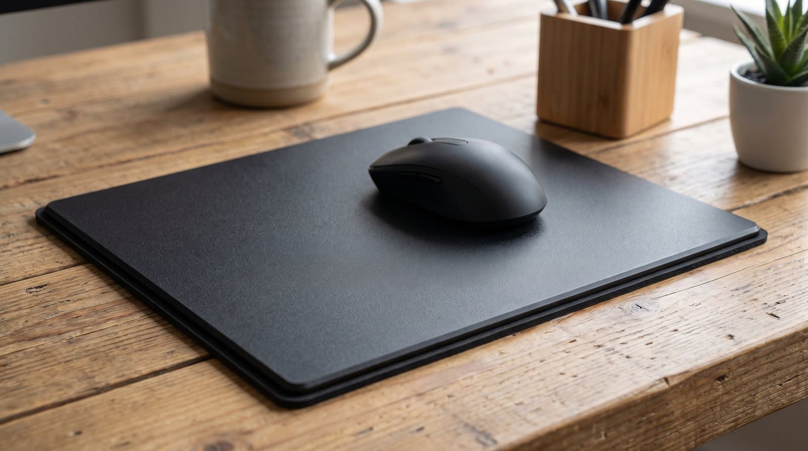 Matte black rigid plastic gaming mouse pad with a visible rubber base rim on a wooden desk, a wireless mouse resting on its textured surface