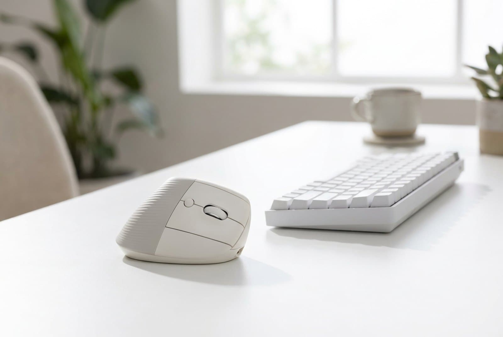 Logitech Lift vertical ergonomic mouse in off-white on a bright minimalist desk beside a compact keyboard, its 57-degree body angled for a handshake grip