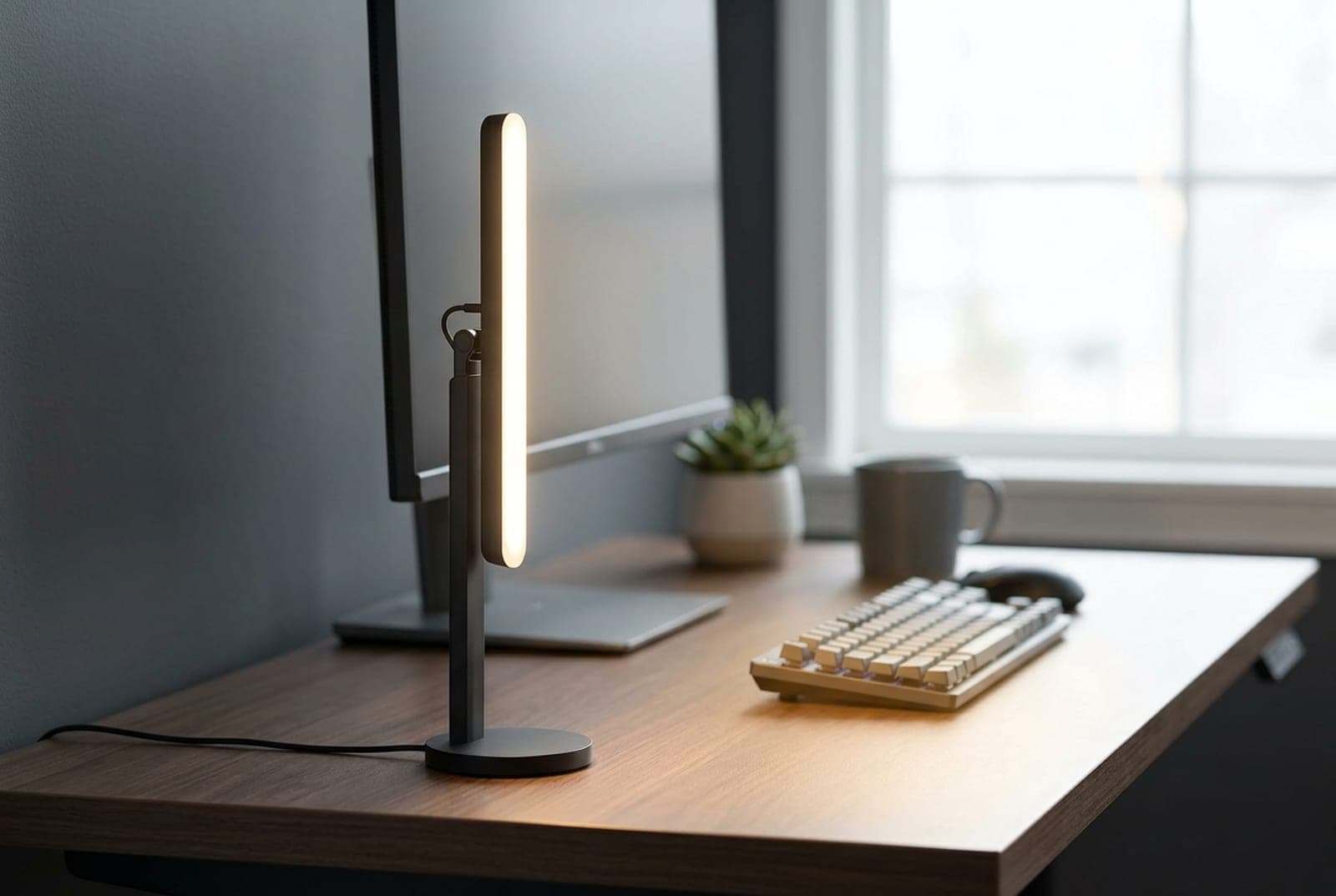 Logitech Litra Beam slim LED bar on an articulating desk stand lighting a home-office desk