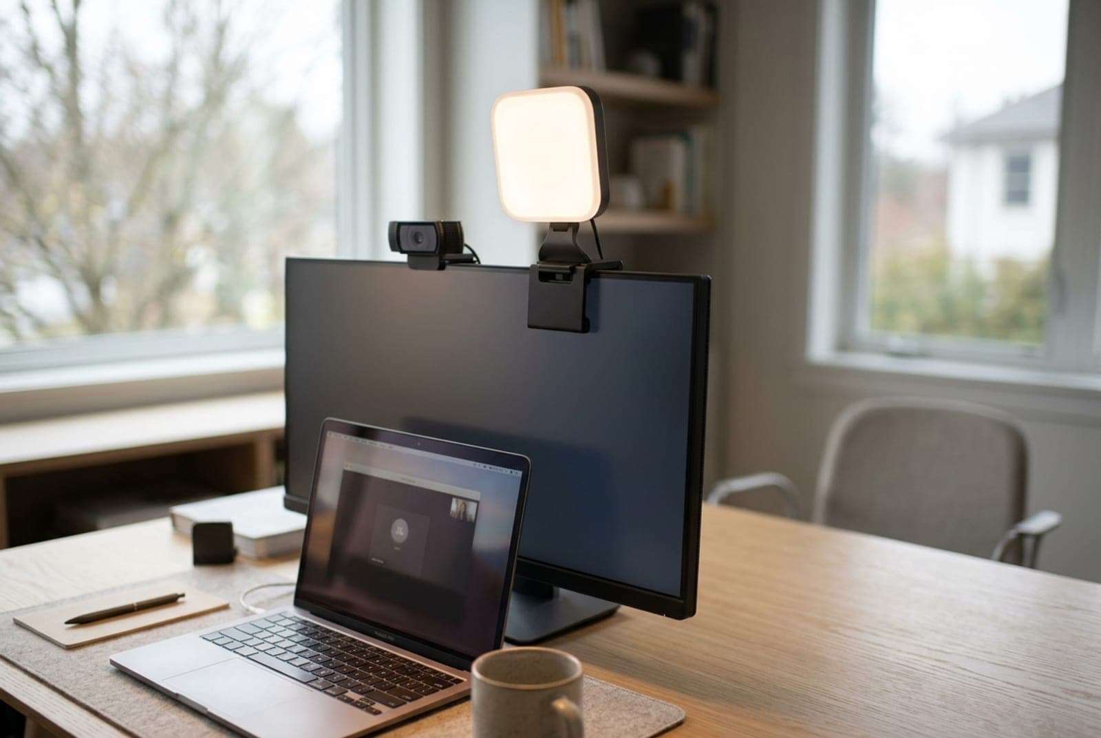 Logitech Litra Glow compact square light clipped to a monitor above a webcam at a home-office desk