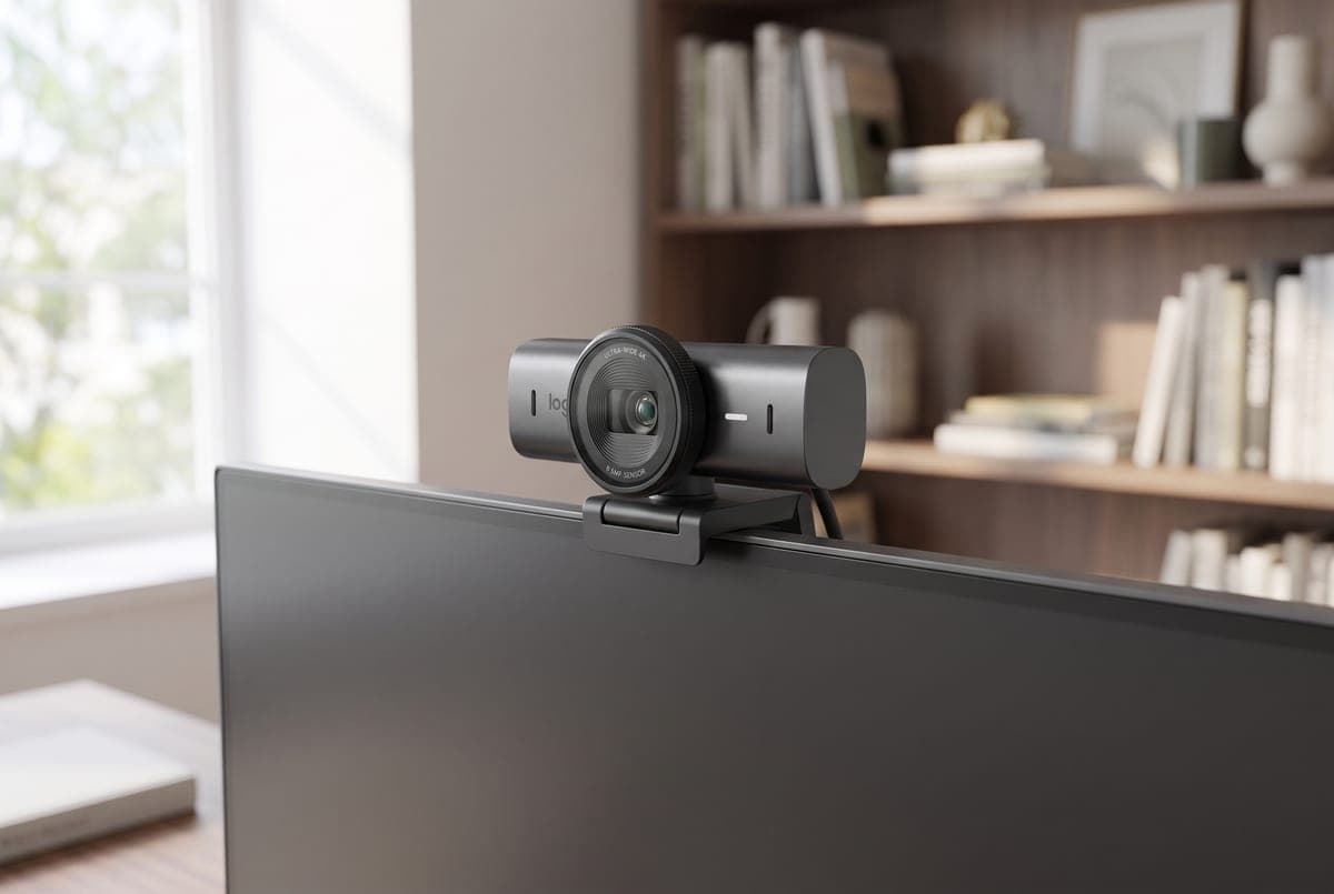 Logitech MX Brio 4K webcam in graphite mounted on top of a monitor in a polished home office, angled toward the desk