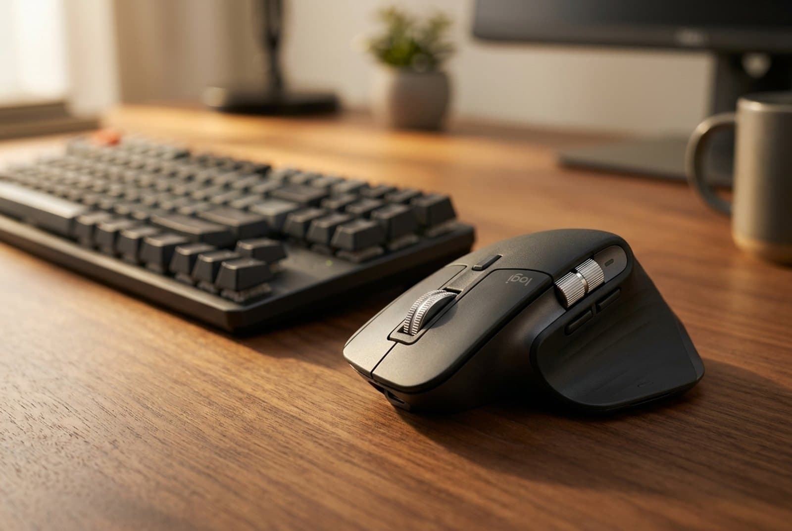 Logitech MX Master 3S sculpted ergonomic mouse in black on a walnut desk beside a keyboard, its thumbwheel and contoured shape catching warm light