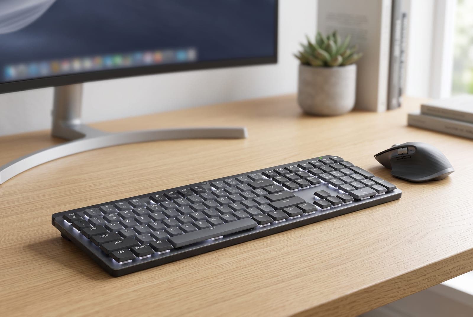 Logitech MX Mechanical low-profile keyboard in graphite on a clean home-office desk beside an MX Master mouse, backlighting softly glowing