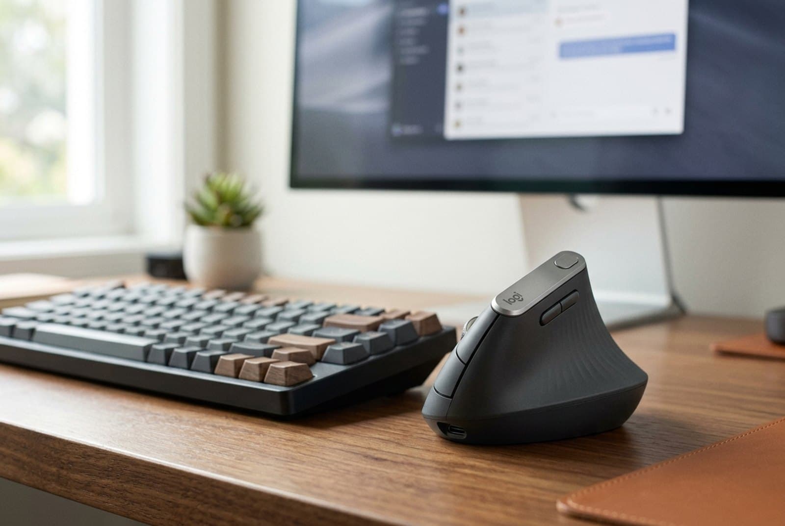 Logitech MX Vertical ergonomic mouse in graphite standing at a 57-degree angle on a home-office desk, a hand resting on it in a natural handshake grip