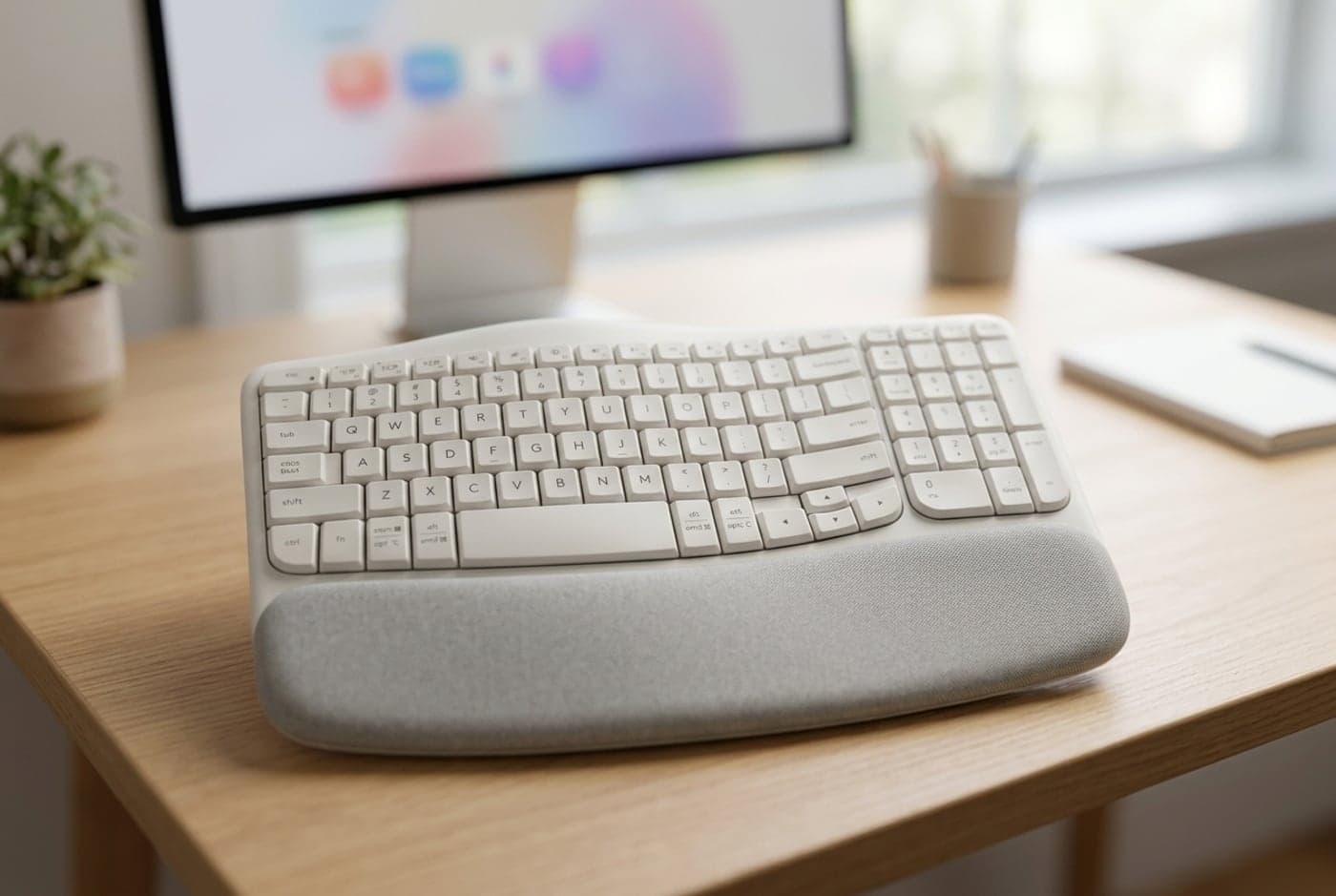 Logitech Wave Keys compact wave-shaped ergonomic keyboard in off-white with a cushioned memory-foam palm rest on a small tidy desk