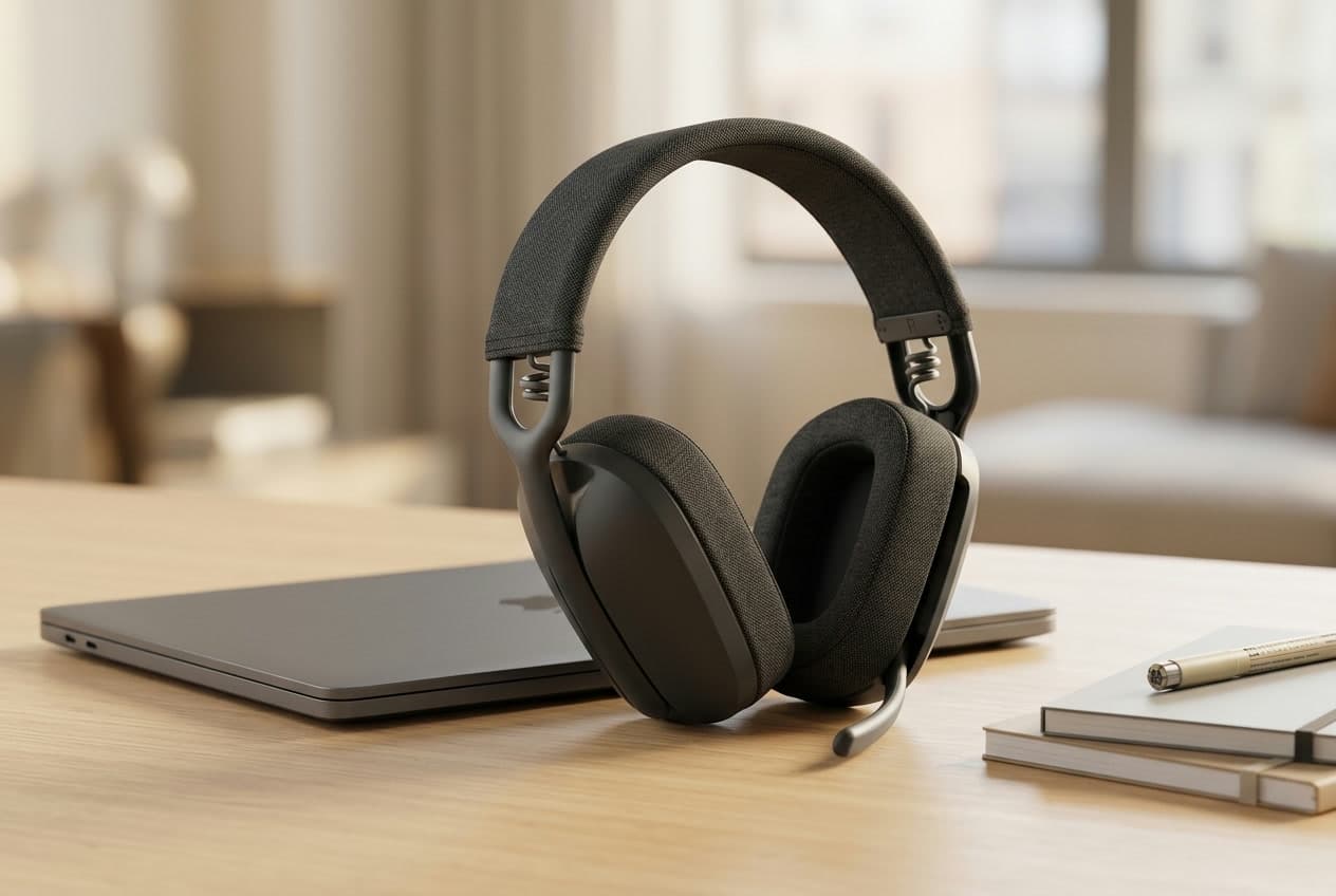 Logitech Zone Vibe 100 over-ear wireless headset in graphite with a slim tuck-away boom mic, on a small tidy desk