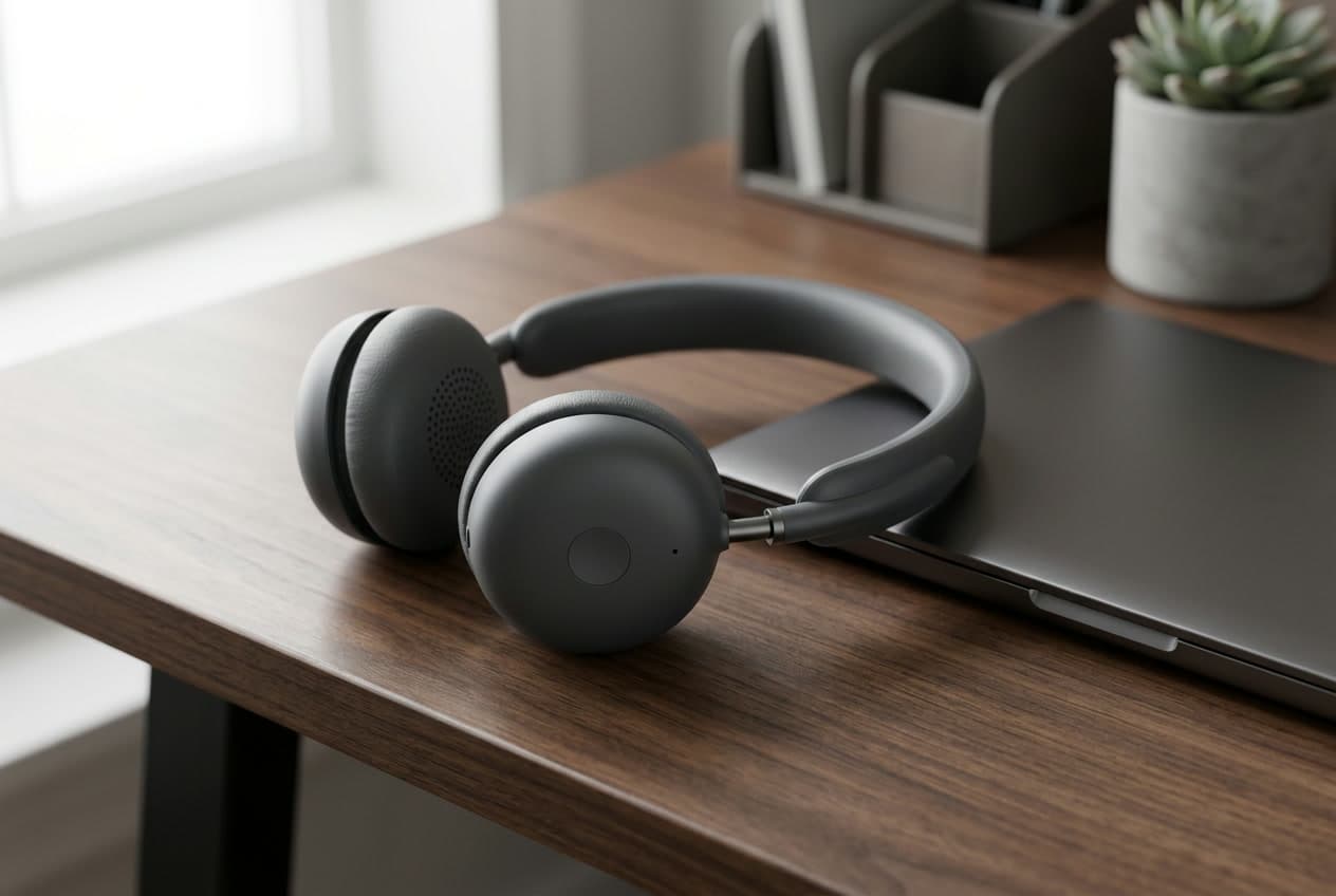 Logitech Zone Wireless 2 on-ear headset in graphite with no boom mic, resting on a modern desk beside a laptop