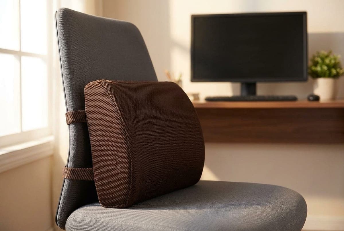 LoveHome memory foam lumbar support cushion strapped to a home-office task chair