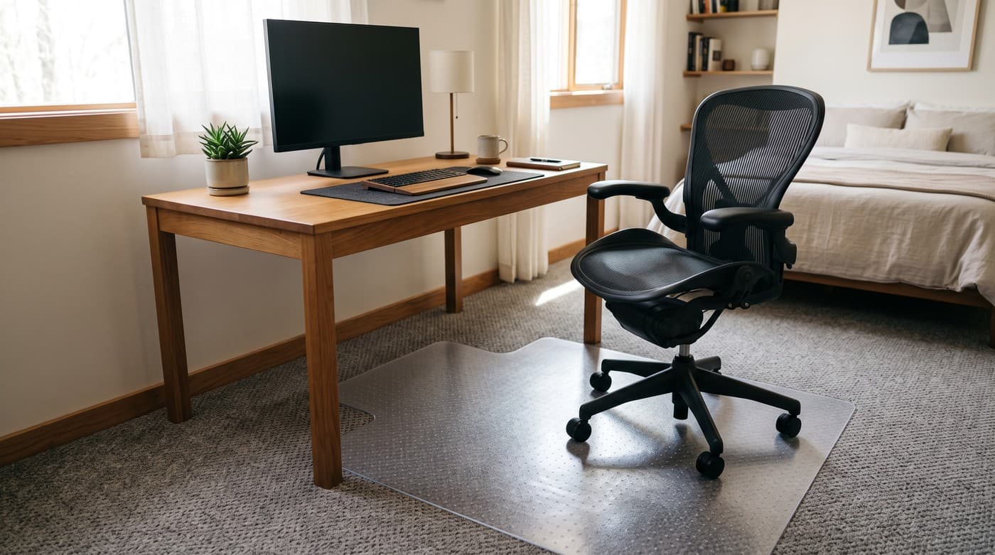 Clear rigid polycarbonate office chair mat with a lip extending under a desk, protecting low-pile carpet under a rolling office chair in a home office